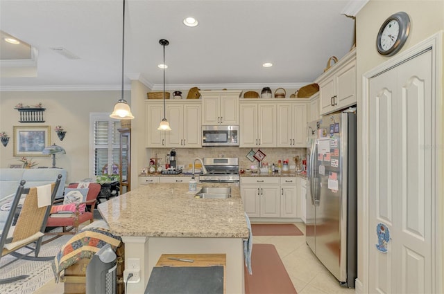 kitchen featuring tasteful backsplash, stainless steel appliances, crown molding, hanging light fixtures, and light tile patterned flooring