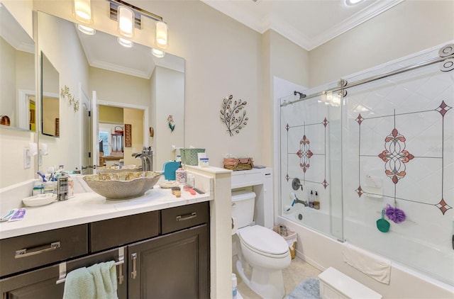 full bathroom featuring vanity, crown molding, enclosed tub / shower combo, tile patterned flooring, and toilet