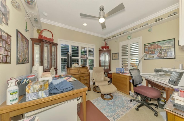 office area with light tile patterned floors, crown molding, ceiling fan, and a healthy amount of sunlight