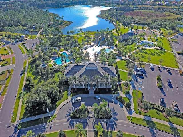 drone / aerial view featuring a water view