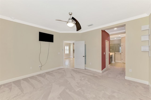 unfurnished bedroom with crown molding, recessed lighting, visible vents, light carpet, and baseboards