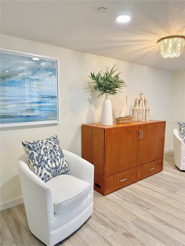 living area with a textured ceiling and light wood-type flooring