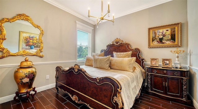 bedroom featuring ornamental molding and an inviting chandelier