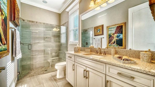 bathroom with walk in shower, vanity, toilet, and a wealth of natural light