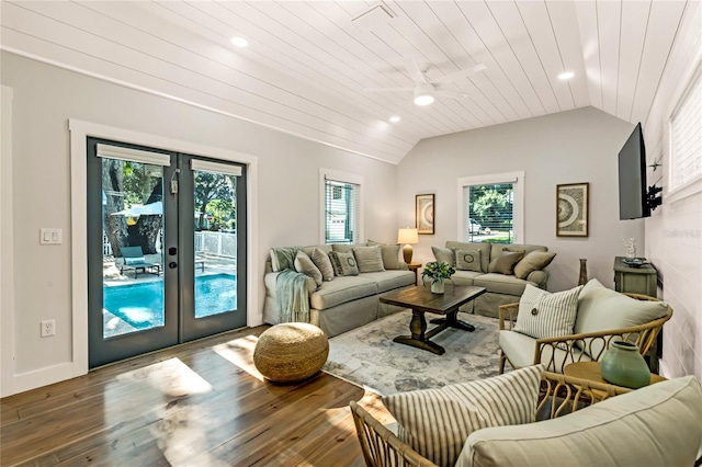 living room with french doors, wood ceiling, ceiling fan, a healthy amount of sunlight, and lofted ceiling