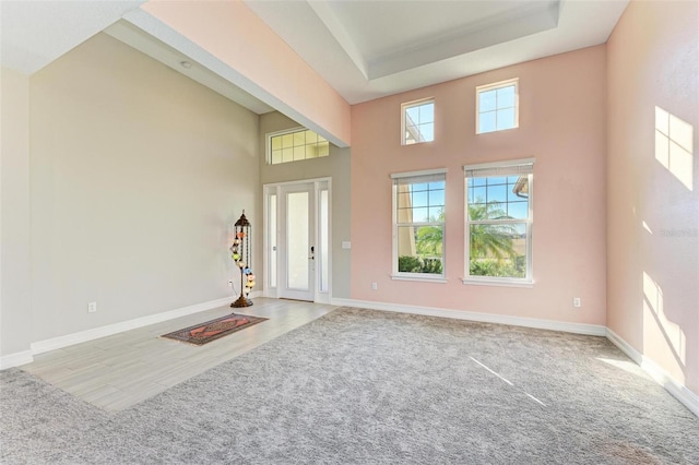 entrance foyer with a tray ceiling, plenty of natural light, a towering ceiling, and light hardwood / wood-style floors