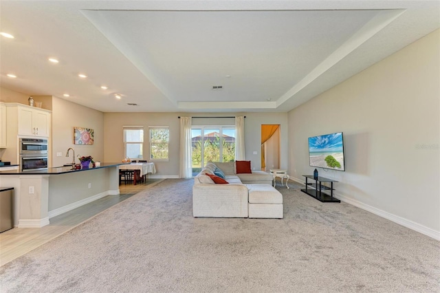 carpeted living room featuring sink and a tray ceiling