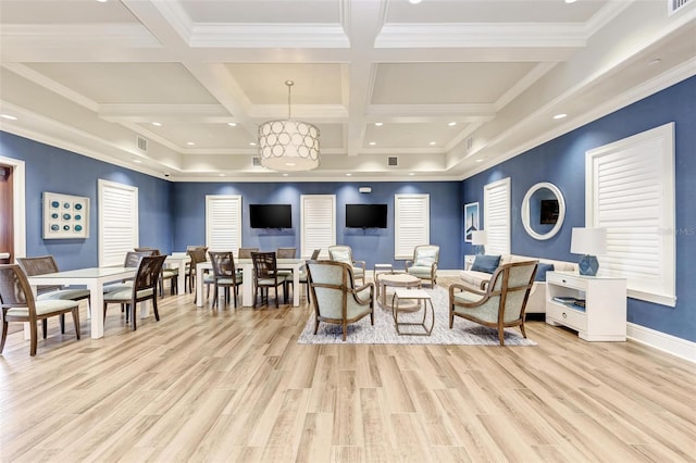 living room with beamed ceiling, light wood-type flooring, ornamental molding, and coffered ceiling