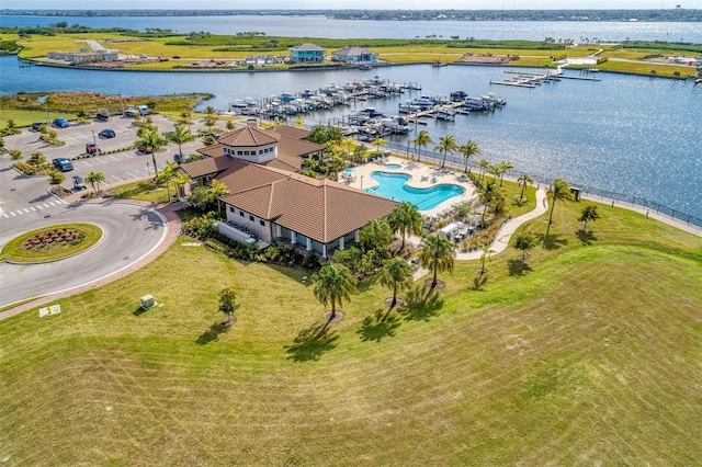 aerial view featuring a water view