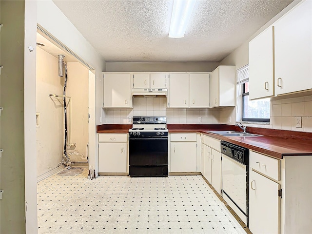 kitchen with white cabinets, a textured ceiling, sink, electric stove, and dishwasher