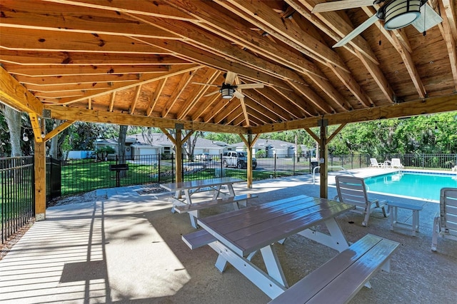 view of patio / terrace featuring ceiling fan and a community pool