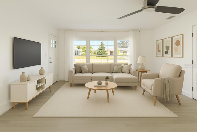 living room with baseboards, ceiling fan, visible vents, and wood finished floors