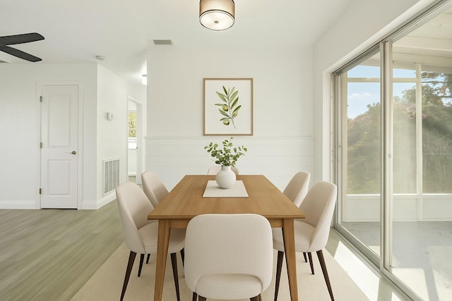 dining space with visible vents, a healthy amount of sunlight, and light wood-style floors