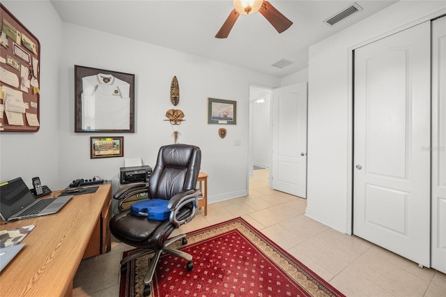 office area featuring ceiling fan and light tile patterned flooring