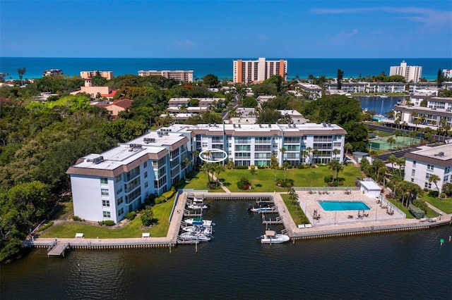 drone / aerial view with a water view