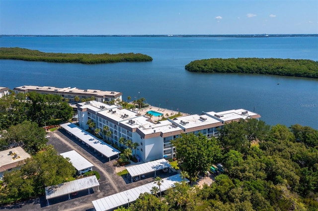 drone / aerial view with a water view