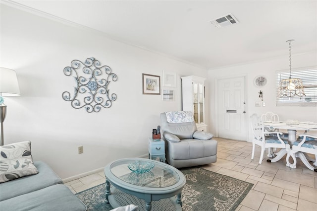 tiled living room featuring crown molding