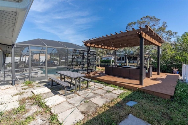 view of patio with a swimming pool side deck, a pergola, and glass enclosure