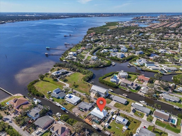 bird's eye view with a water view