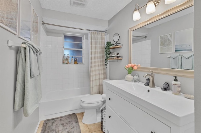 full bathroom featuring tile patterned flooring, shower / bath combination with curtain, a textured ceiling, toilet, and vanity