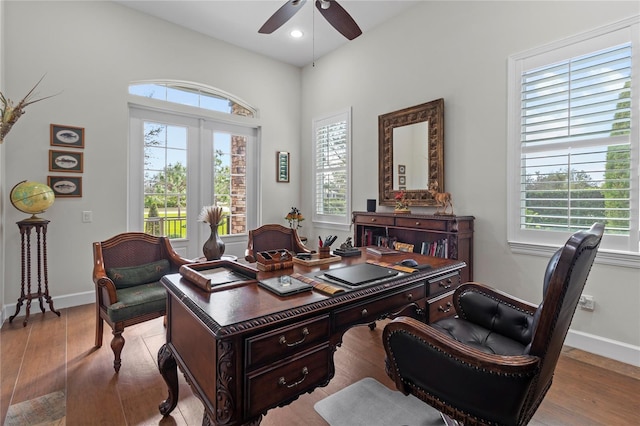 office with light hardwood / wood-style flooring, a wealth of natural light, and ceiling fan