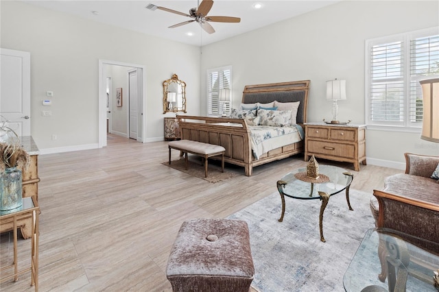 bedroom featuring ceiling fan and light wood-type flooring