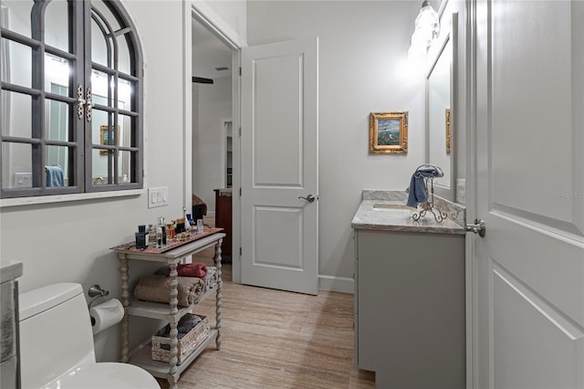 bathroom with wood-type flooring, vanity, and toilet