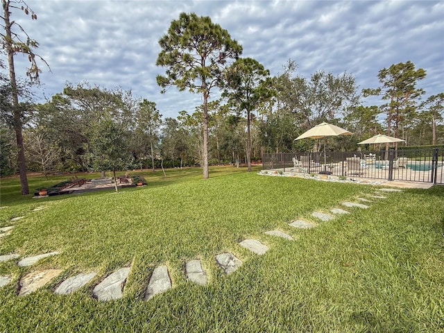 view of yard featuring a fenced in pool