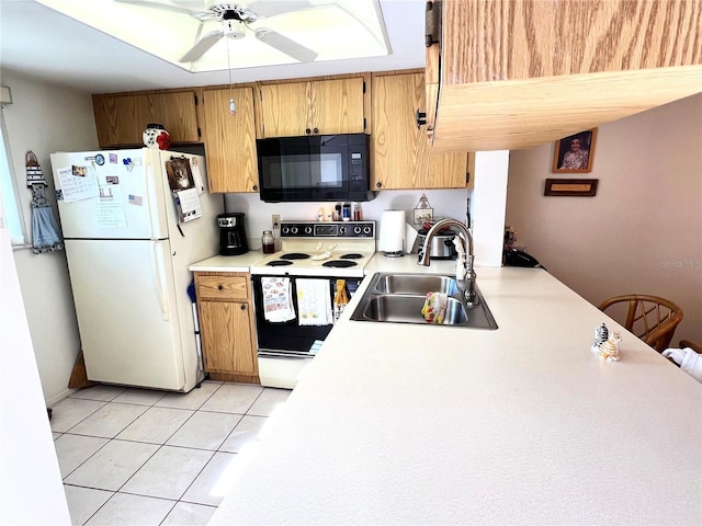 kitchen featuring ceiling fan, white appliances, sink, and light tile patterned floors