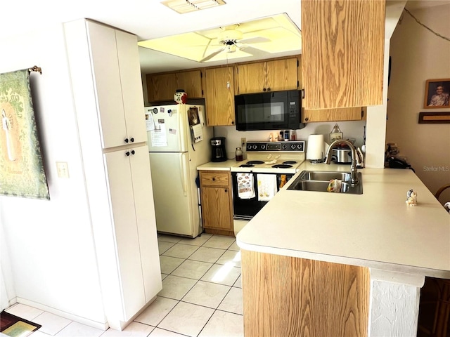 kitchen featuring ceiling fan, sink, kitchen peninsula, white appliances, and light tile patterned floors