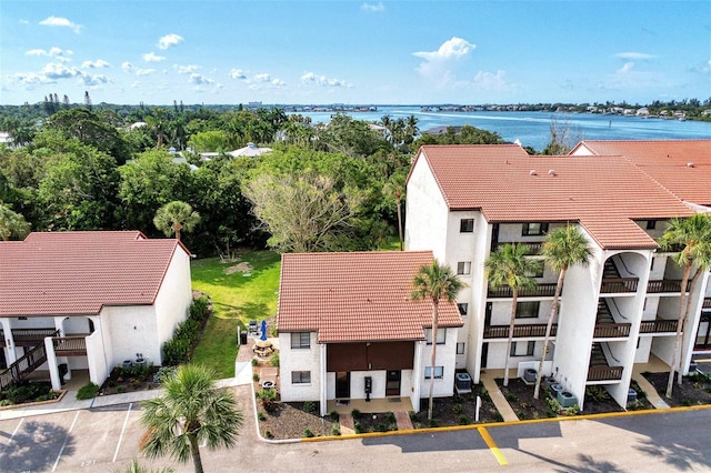 aerial view featuring a water view