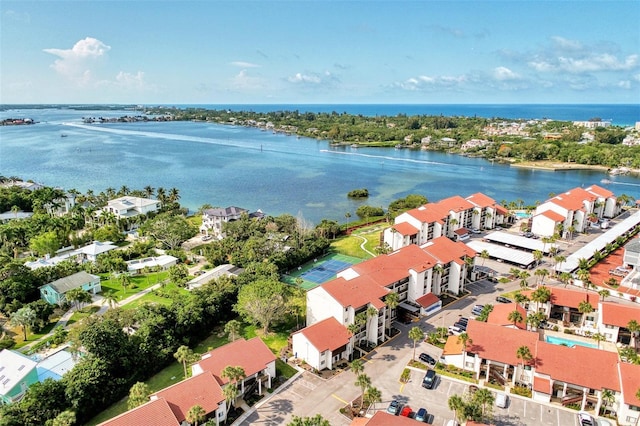 bird's eye view with a water view