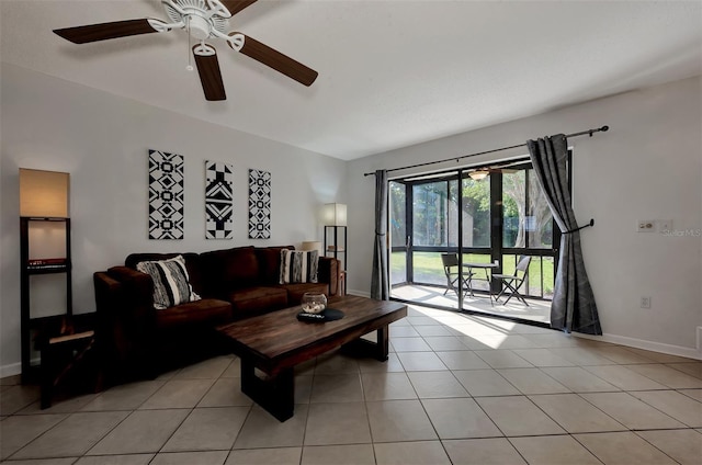 tiled living room featuring ceiling fan