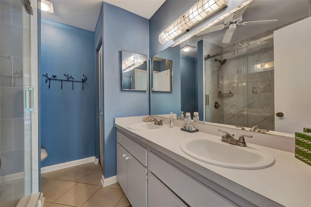 bathroom featuring ceiling fan, tile patterned floors, an enclosed shower, toilet, and vanity