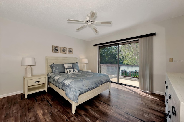 bedroom with a textured ceiling, access to outside, ceiling fan, and dark wood-type flooring