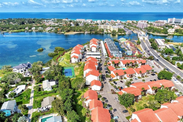 aerial view featuring a water view