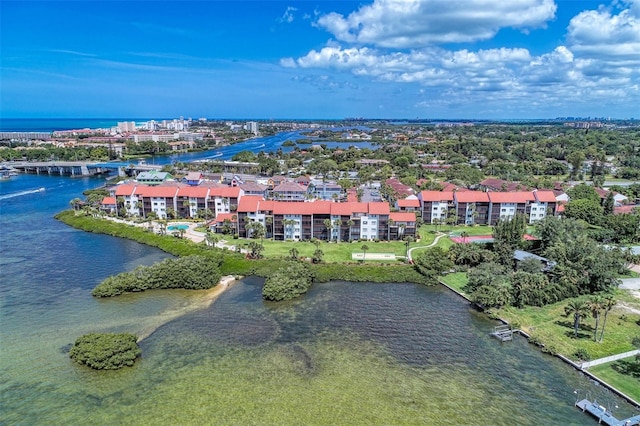 drone / aerial view with a water view