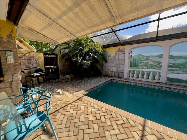 view of pool with a lanai and a patio area