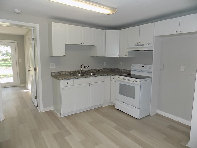 kitchen with white range with electric cooktop, white cabinets, and light wood-type flooring