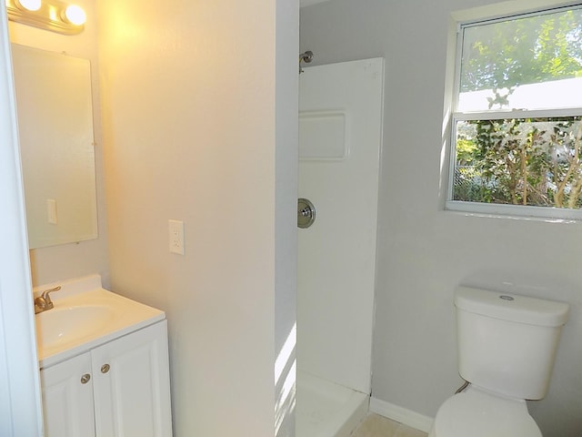 bathroom with vanity, toilet, and a shower