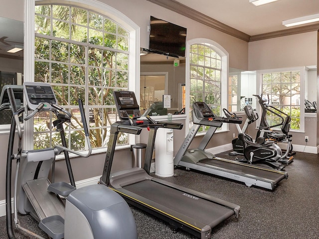 workout area with crown molding