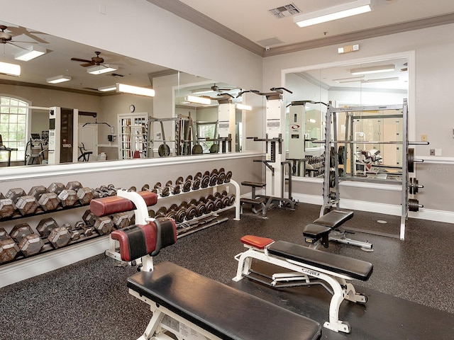 gym featuring ceiling fan and ornamental molding