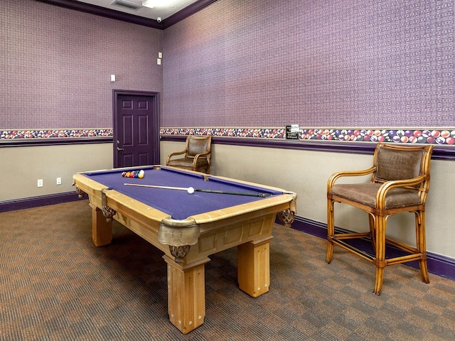 rec room featuring dark carpet and billiards