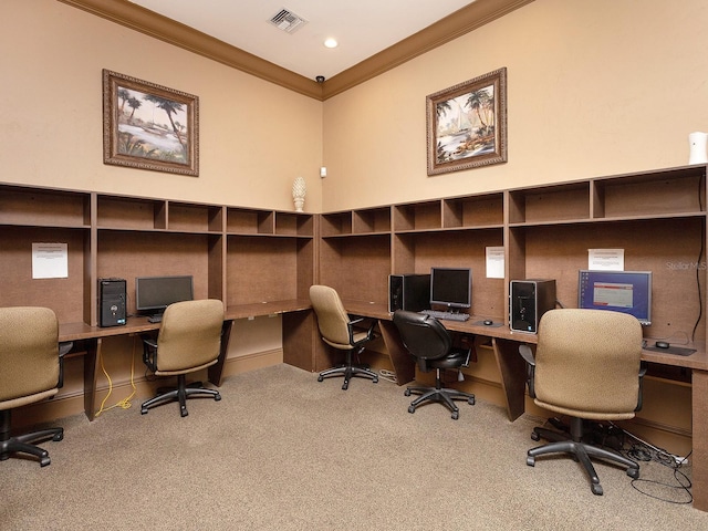 office area with carpet and ornamental molding