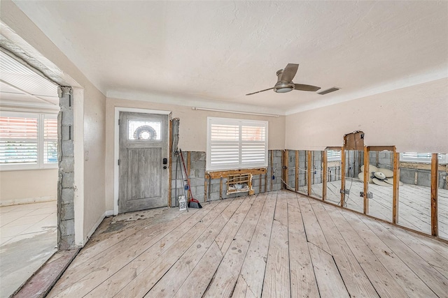 entryway with a healthy amount of sunlight, ceiling fan, and light hardwood / wood-style flooring