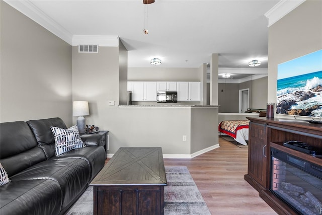 living room featuring crown molding and light hardwood / wood-style floors