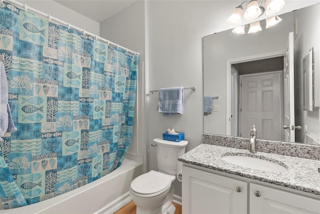 full bathroom featuring vanity, shower / bathtub combination with curtain, and toilet