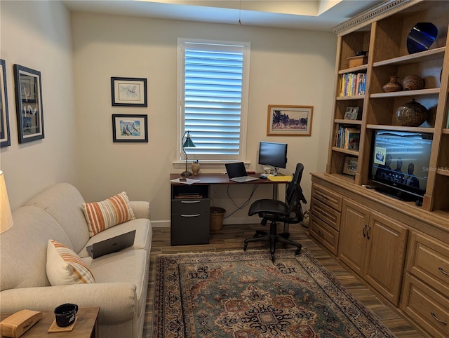 office with dark hardwood / wood-style flooring