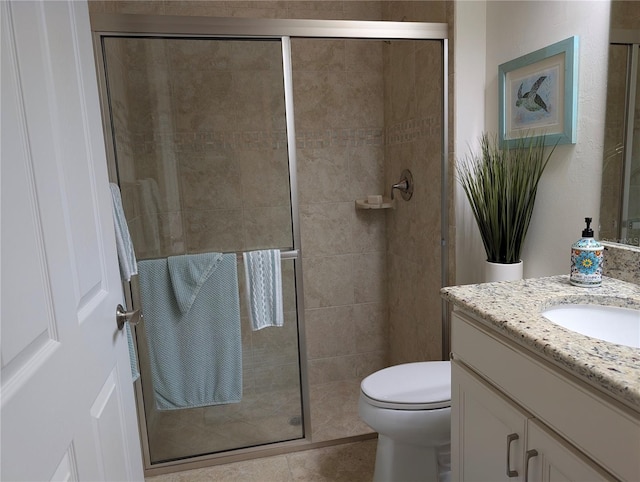 bathroom with vanity, an enclosed shower, tile patterned floors, and toilet