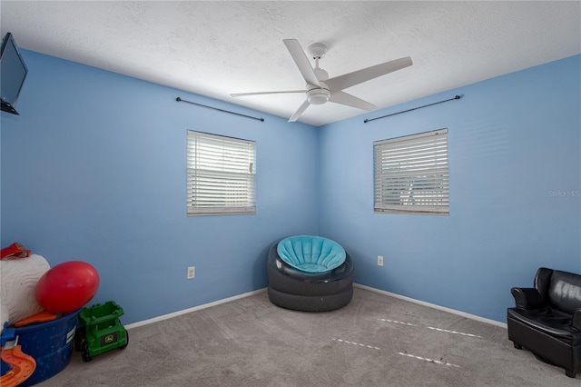 living area with carpet, ceiling fan, and a textured ceiling